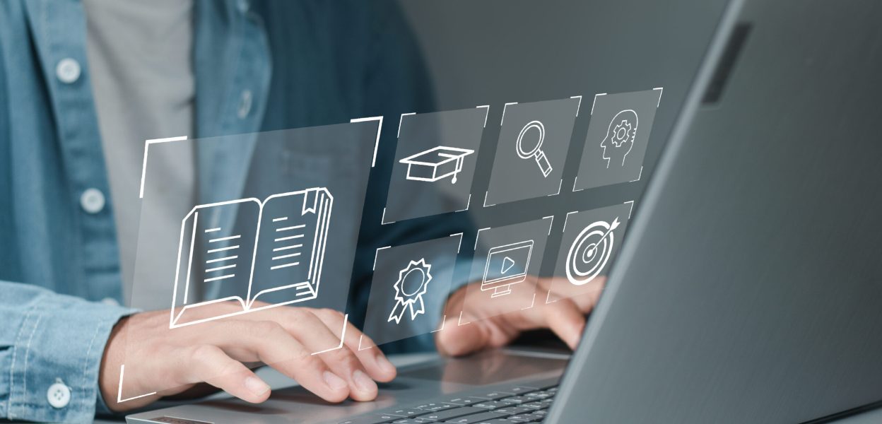 Learn to train in front of the computer. Internet e-learning lessons and online webinars People attending online lessons on digital screens Internet Technology Education Features.